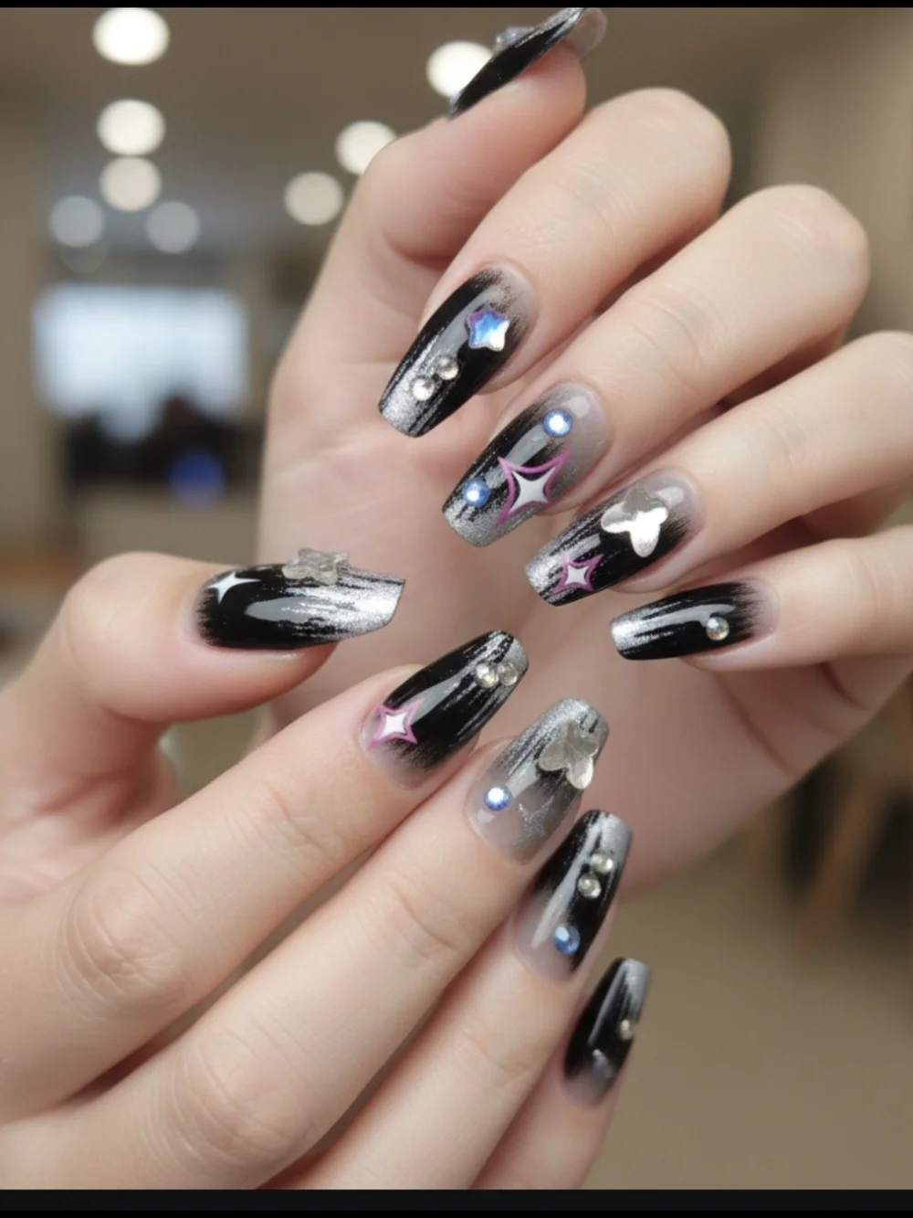 MOCYNE Press On Nails  Reusable Black Ombre Star & Rhinestone New